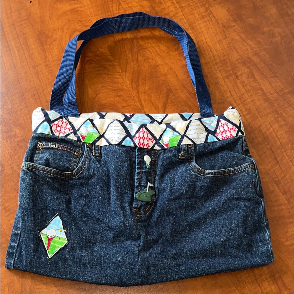 Golf Tote Upcycled Handmade Denim Tote Bag Lined Blue Straps Pockets!